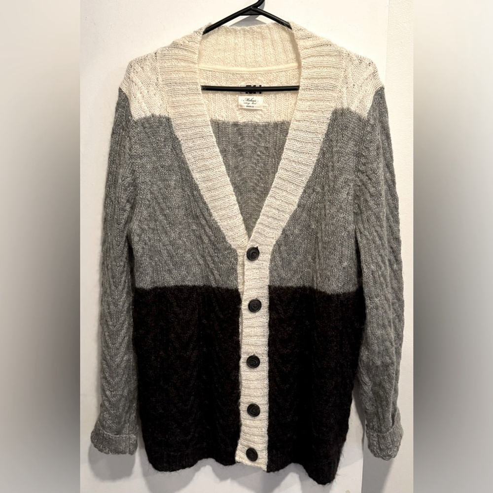 Le31 Simons Mohair blend colorblock button cardigan gray cream black knit USM